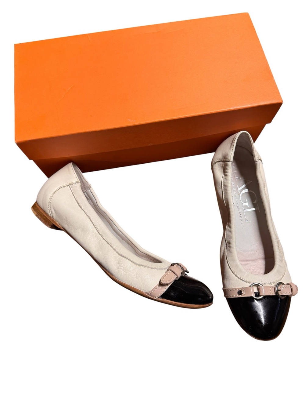 AGL Monika Ivory Leather Black Patent Cap Toe Ballet Flats Size 37 US 7 Italy